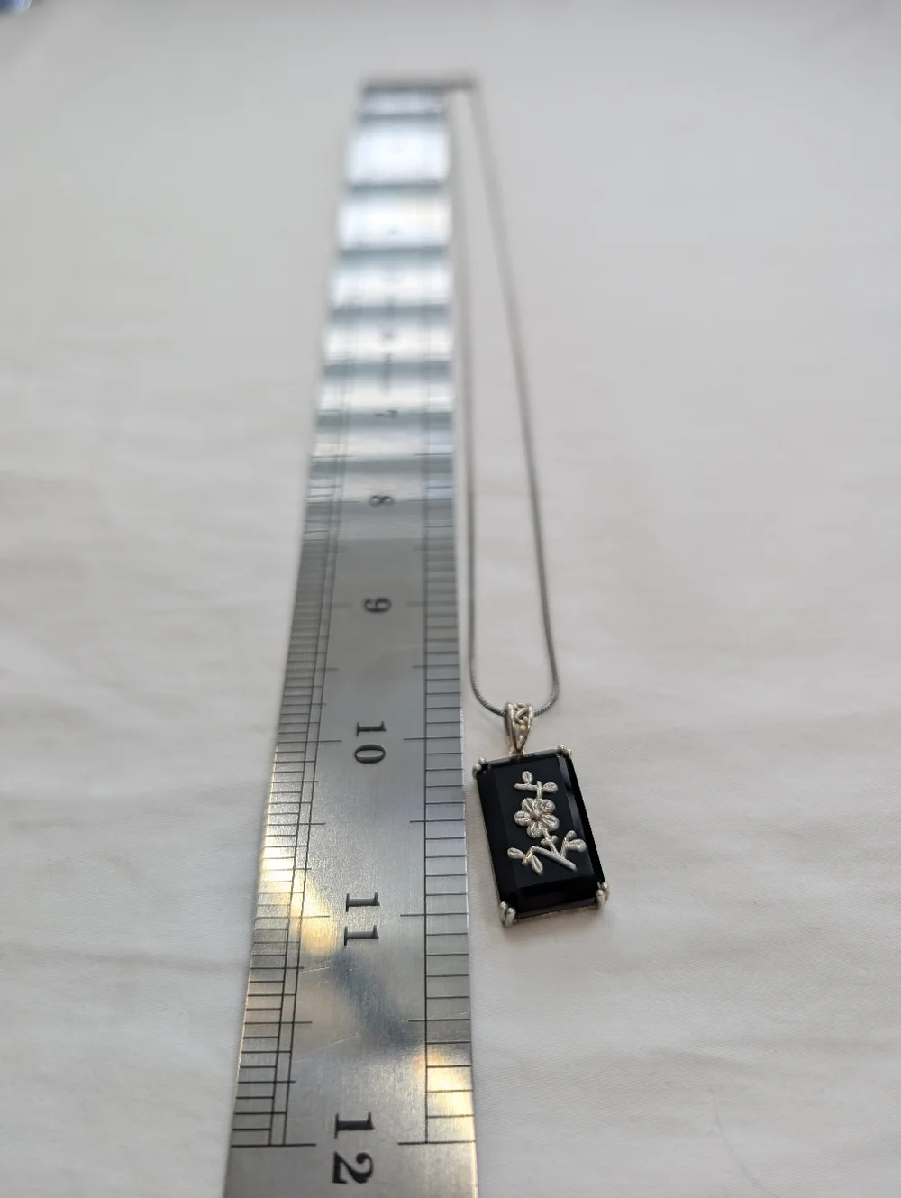 VTG 925 Sterling Silver Black Onyx Flower Pendant Rectangle Necklace Fine Jewelr